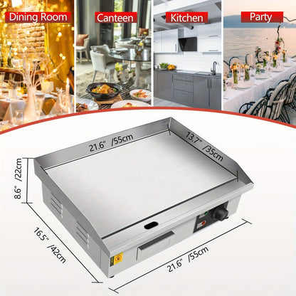 Flat Top Griddle 22 Inch 1600W Electric Countertop Teppanyaki Grill Non-Stick Stainless Steel Commercial for Garden, Patio and Yard Use