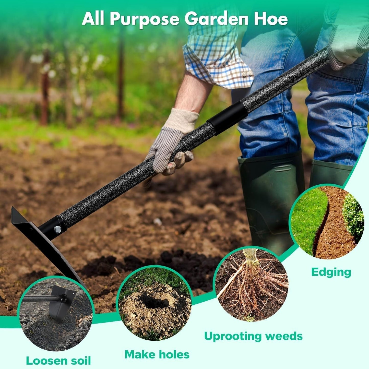 Garden Hoe Triangle Carbon Steel with Adjustable 15-72 Inch Long Handle, Sharp Triangular Blade for Weeding