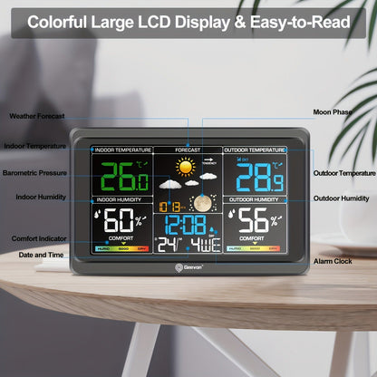 Wireless Weather Station – Indoor Outdoor Thermometer with 7.6" LCD, Barometer, Humidity, Moon Phase & USB Charging