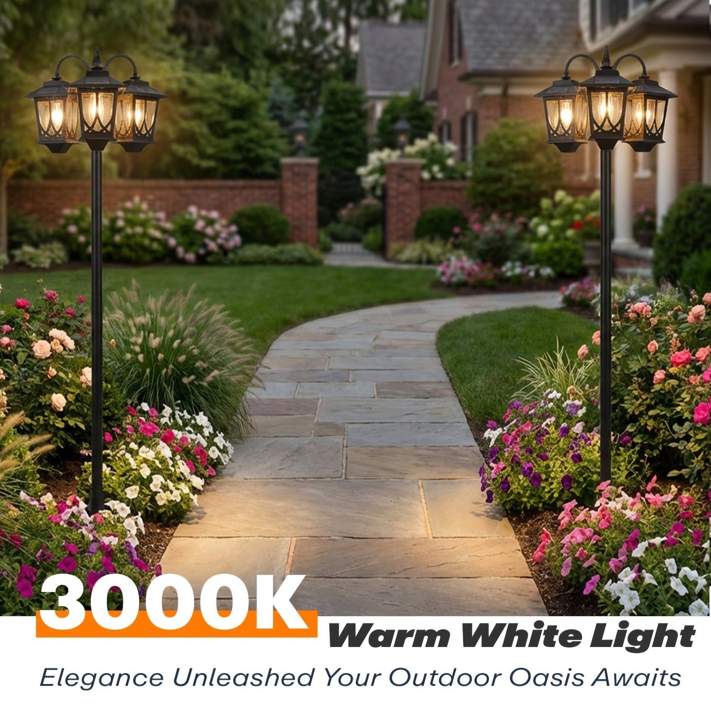Three-Head Solar Lamp Post, Up to 73 Inches with Four Height Settings and 3000K Light Label
