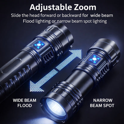 Flashlight Rechargeable Zoom Torch with Five Gallery-Shown Modes, 30W LED and USB Power Output