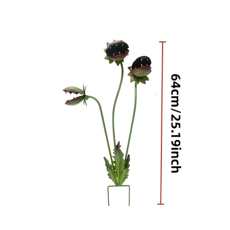 3D Metal Garden Sculpture Plaque – Scary Three-Head Flower Eating Monster Outdoor Lawn Decoration
