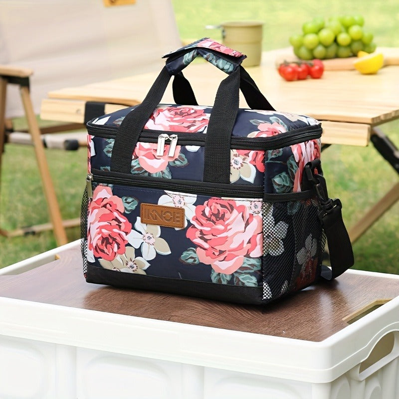 Structured Lunch Tote with Shoulder Strap in Black, Green, Big Flower or Daisy Pattern Options