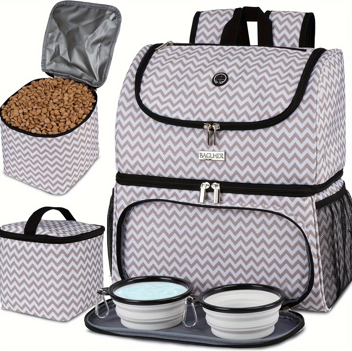 Pet Travel Backpack Double Layer Dog Cat Supplies Bag with 2 Collapsible Bowls 2 Food Baskets Portable Organizer for Outdoor Hiking Camping