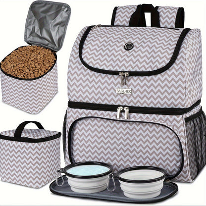 Pet Travel Backpack Double Layer Dog Cat Supplies Bag with 2 Collapsible Bowls 2 Food Baskets Portable Organizer for Outdoor Hiking Camping