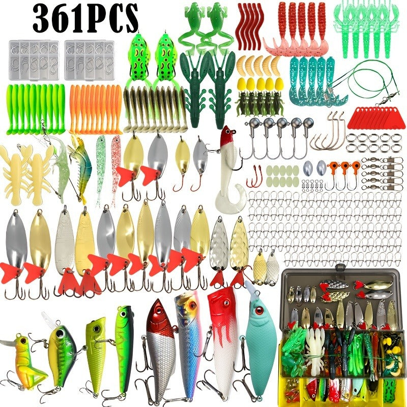 Fishing Lures Kit 361pcs with Tackle Box – Minnow, Spoon, Frog, Soft Worm, Jig Head & Spinner Baits Set for Saltwater & Freshwater Bass