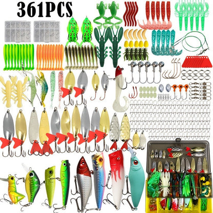 Fishing Lures Kit 361pcs with Tackle Box – Minnow, Spoon, Frog, Soft Worm, Jig Head & Spinner Baits Set for Saltwater & Freshwater Bass