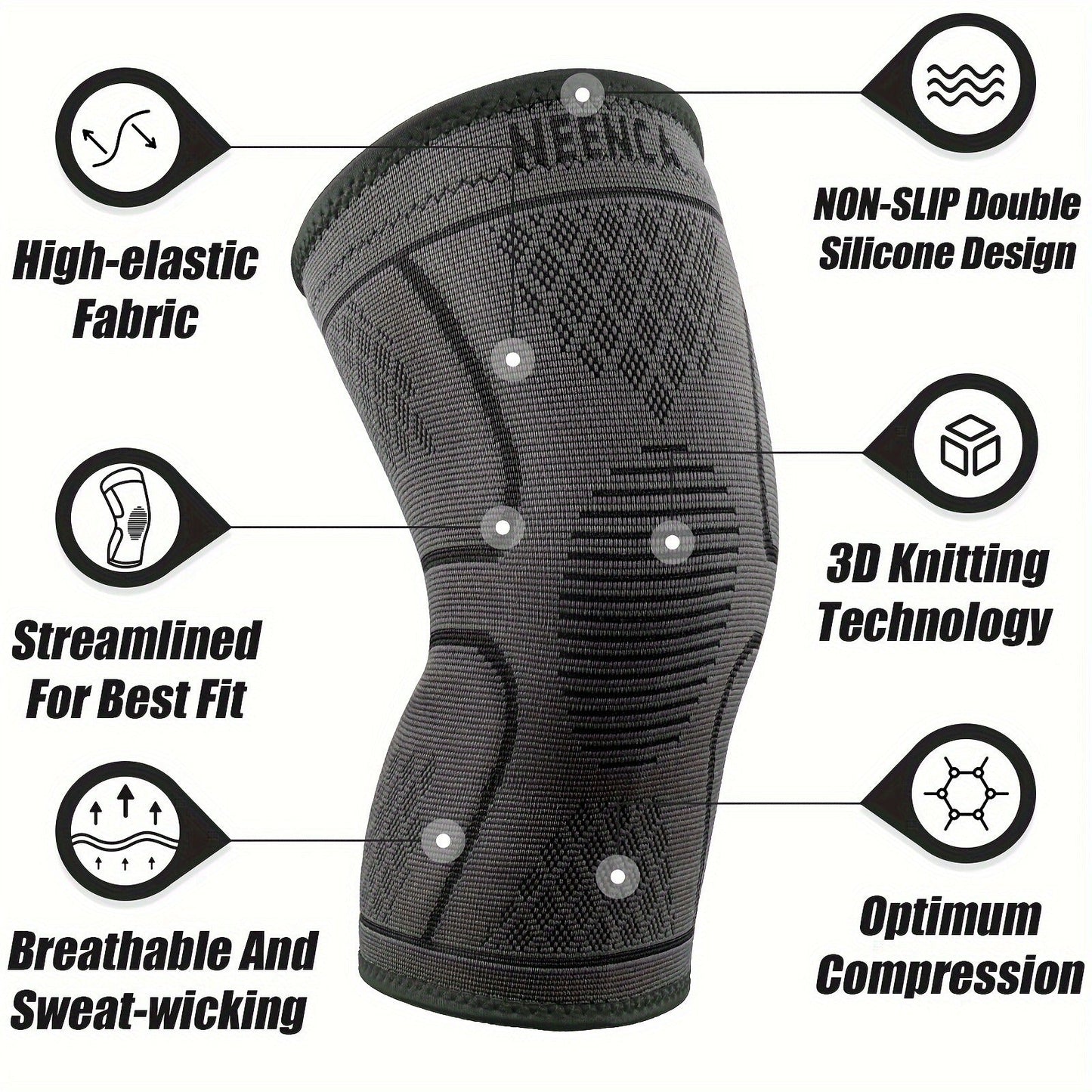 Compression Knee Sleeve 2 Pack for Men Women Breathable Non-Slip Silicone Strip Knee Support High Elasticity Running Exercise High Intensity