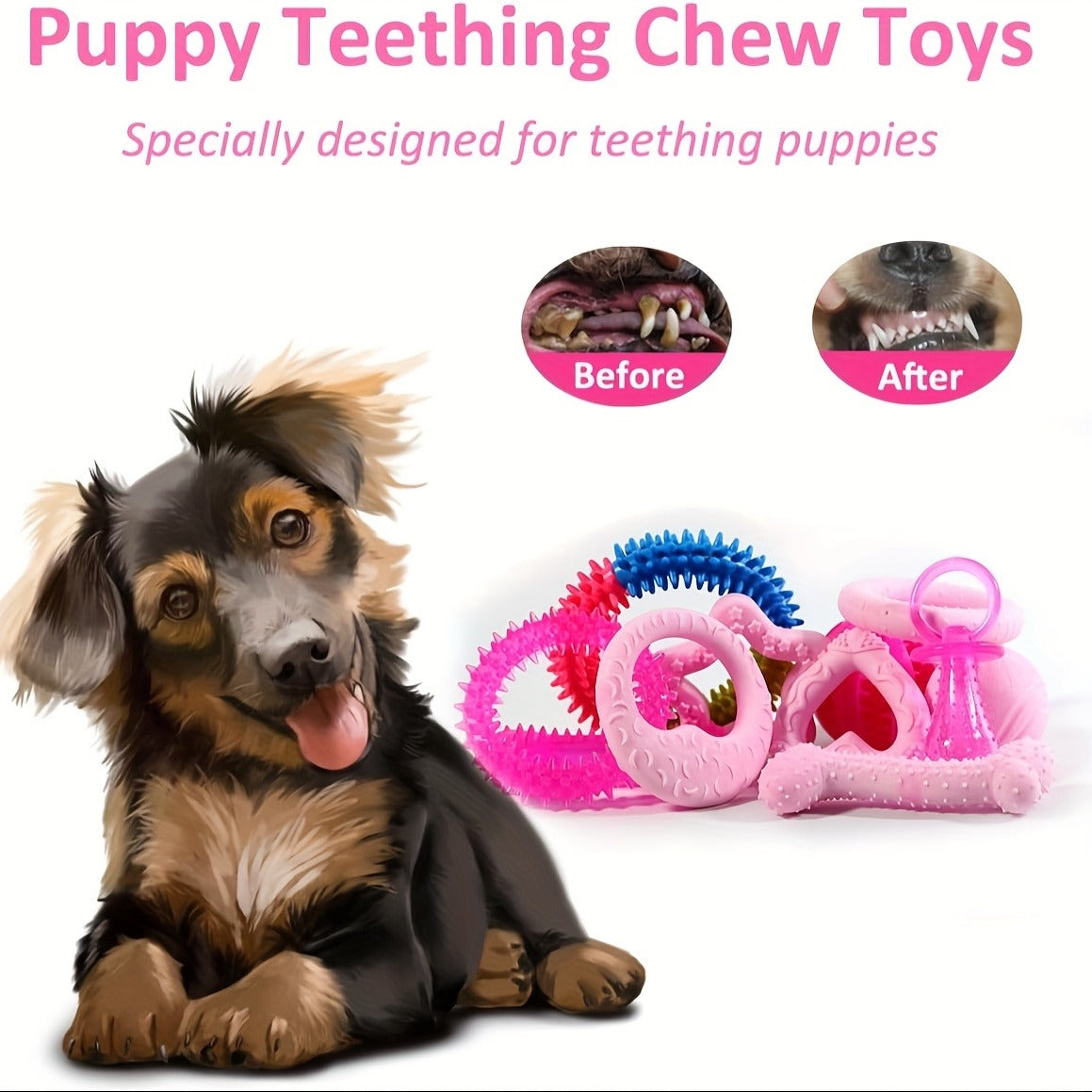 Puppy Teething Chew Toys Pink Bundle 5 or 8 Pack Soft Dog Toothbrush Toy & Interactive Chew Balls for Small Dogs