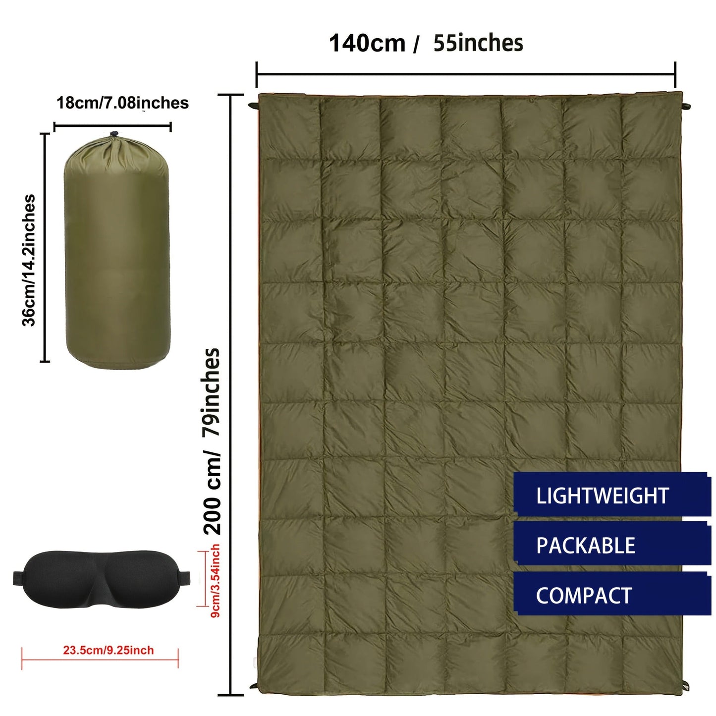 Puffy Camping Blanket Foldable Lightweight Water Resistant with 3D Eye Mask – DWR Coated Outdoor Blanket for Camping, Hiking, Travel, Beach