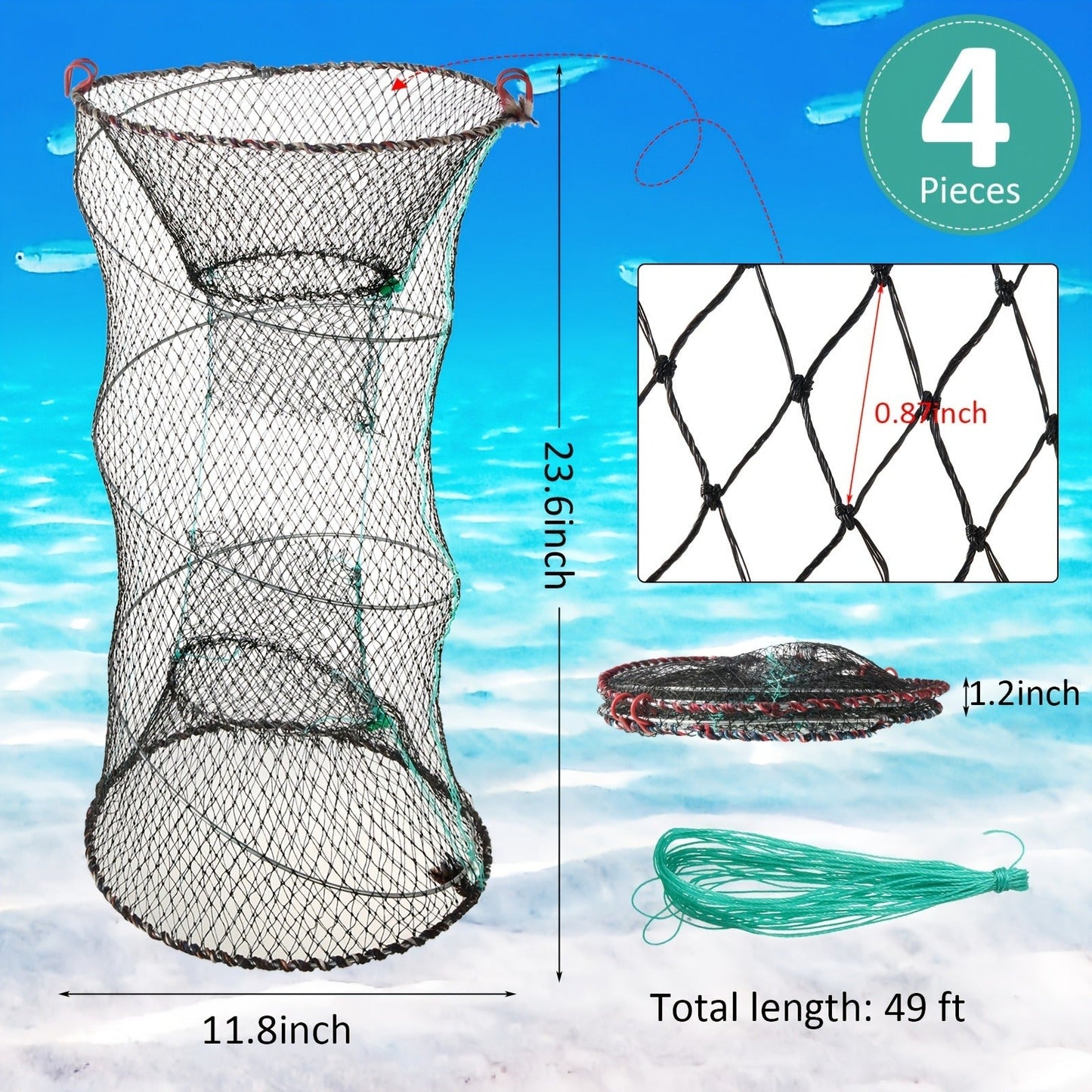 Collapsible Fishing Trap Net 4 Pack – Crab Crawfish Minnow Lobster Shrimp Bait Cage with 49ft Rope, 12x24 Inch Foldable Fish Trap