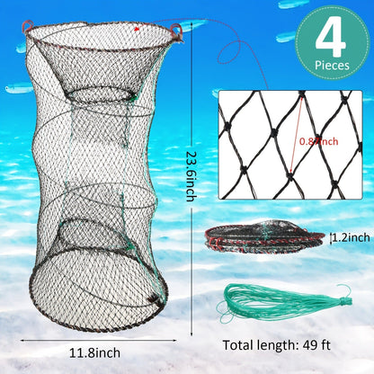 Collapsible Fishing Trap Net 4 Pack – Crab Crawfish Minnow Lobster Shrimp Bait Cage with 49ft Rope, 12x24 Inch Foldable Fish Trap