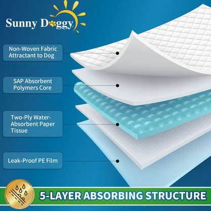 Dog Training Pads, Sunny Doggy Disposable Sets in 120-Count 22 x 22, 50-Count 30 x 36 and 40-Count 36 x 36 Sizes