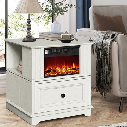 Electric Fireplace End Table Rotating 13-Inch Screen Side Table with Fast Charging Station Storage Shelf for Living Room Bedroom