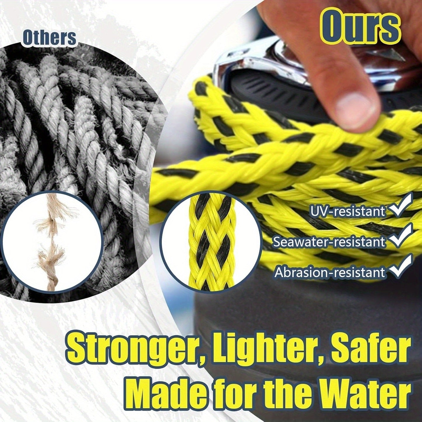 Heavy Duty Floating Tow Rope 60ft 2600lbs Breaking Strength 16-Strand UV Resistant Pre-Stretched for Towable Tubes Water Skis Wakeboards