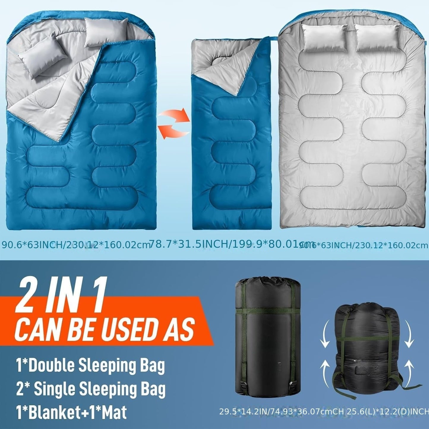 Double Sleeping Bag XL with Pillow for Two Adults – 2-Person Couple Sleeping Bag for Year-Round Camping, Hiking & Backpacking in Cold & Warm