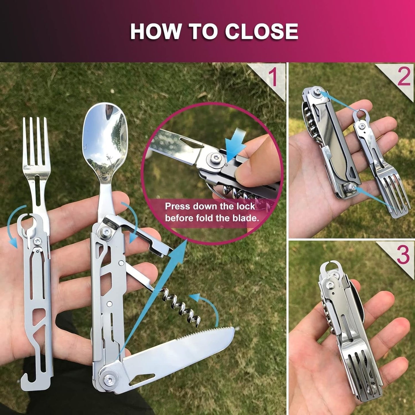 Portable Travel Cutlery Set – Removable Spoon, Fork & Knife with Bottle Opener – Compact Stainless Steel Utensils for Camping, Hiking