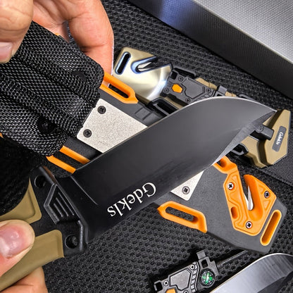 Fixed Blade Outdoor Camping Knife 9.64 Inch Stainless Steel, Survival Hunting Knife with Flint Fire Starter Night Light Sharpener Safety