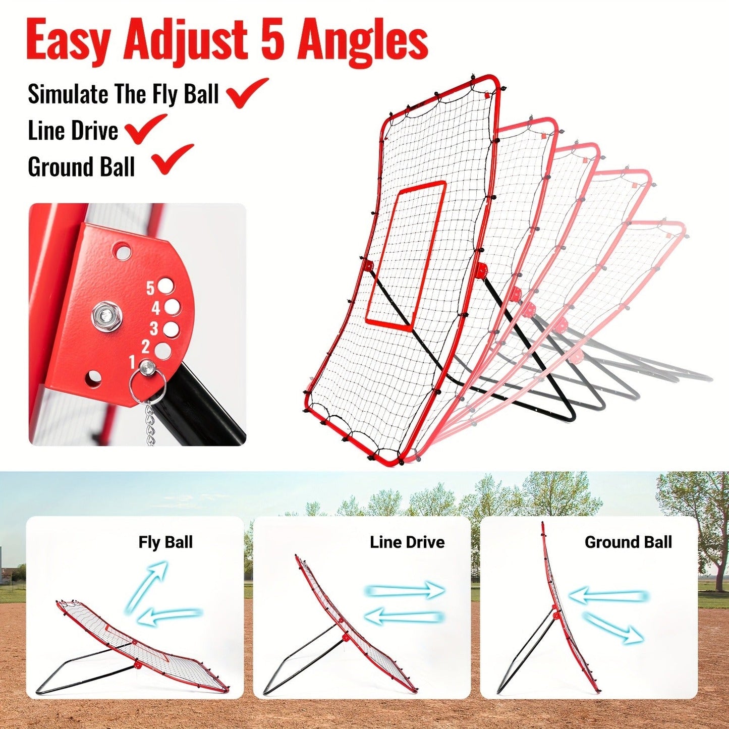 Adjustable Baseball Pitchback Rebounder Net with Red Target, 48 x 68 Inch Frame and Five Angles