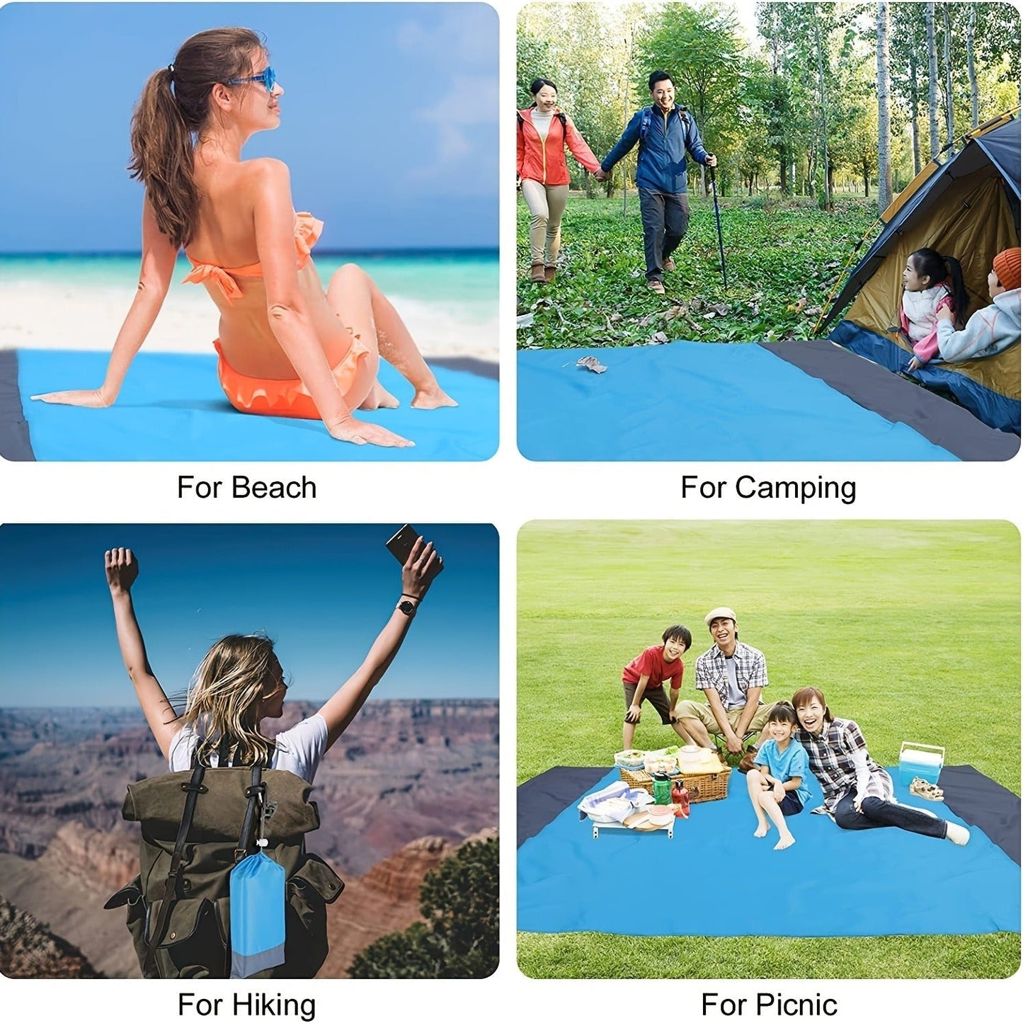 Blue Colorblock Beach Mat with Four Stakes and Carry Pouch, 55 x 78in Lightweight Foldable Size
