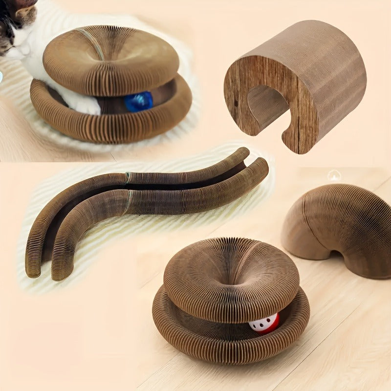 Cat Scratching Board with Ball Track & Bells – Foldable Organ Cardboard Scratcher Pad, Interactive Cat Toy for Indoor Cats