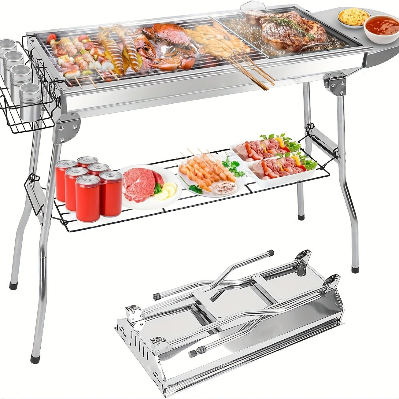 Folding Charcoal Grill with Stainless-Steel-Labeled Frame, Lower Shelf and Large or Extra-Large Package Options