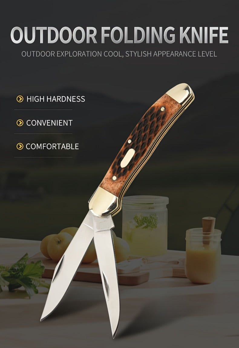 Folding Pocket Knife Handcrafted Multi-Tool with White Copper Finish, Wood Grain & Cow Bone Handle – Portable EDC Blade for Camping