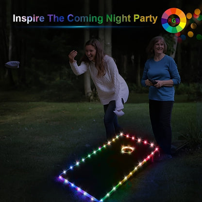 Cornhole Lights LED Ring & Board Edge Lights 17 Colors 7 Modes with Remote Control for Standard Cornhole Board 4ft x 2ft Night Games