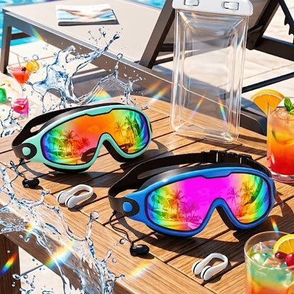 Anti-Fog Swimming Goggles Wide View UV Protection Swim Goggles for Adults Men Women Youth – Mirrored Lens with Earplugs Nose Clip