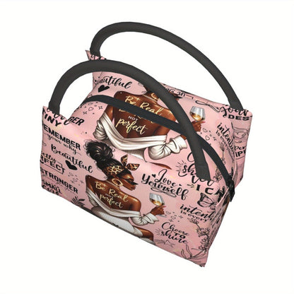 Insulated Lunch Bag with Black Girl Wine Tasting Pattern – Portable Reusable Cooler Bag for Camping, Picnic, Beach, Office & Outdoor Use