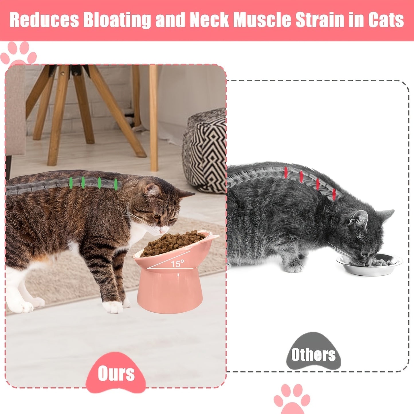 Cat Ear Shaped Raised Cat Bowls Set of 3 – Elevated Feeder Anti-Slip Base Neck Comfort Design, Pink Green Blue Feeding Dish for Cats