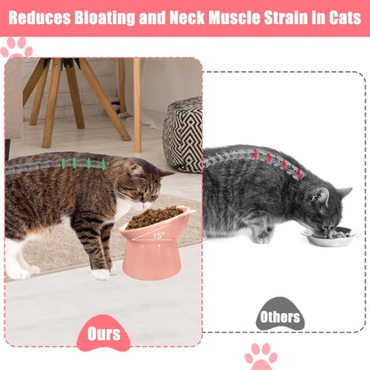 Cat Ear Shaped Raised Cat Bowls Set of 3 – Elevated Feeder Anti-Slip Base Neck Comfort Design, Pink Green Blue Feeding Dish for Cats