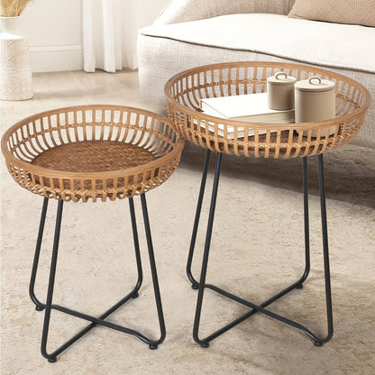 Side Table Rattan Collection with Bamboo-Woven Tops, Metal Bases and 18- or 20.4-Inch Options