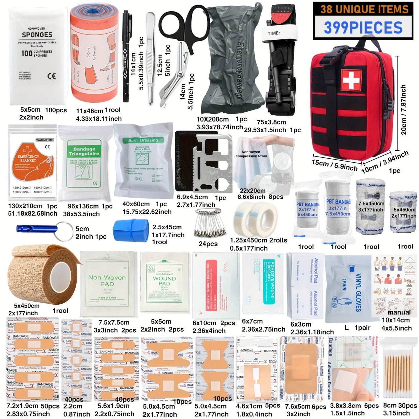 First Aid Kit 399pcs / 99pcs Professional Portable Survival Gear with Splints Scissors Tweezers for Hiking Camping Hunting Car Travel