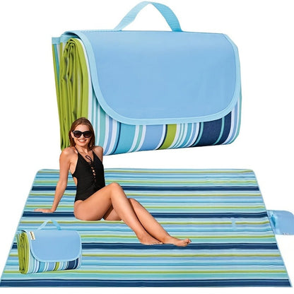 Striped Picnic Blanket with Integrated Carry Handle and 57 x 70.87 or 31.5 x 57.1-Inch Size Options