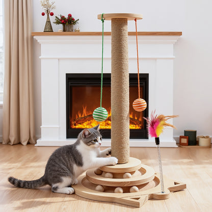 Multi-Level Sisal Cat Scratching Post 4-in-1 with 6 Wooden Balls 2 Hanging Balls & 2 Feather Teaser Toys – Premium Thickened Sisal Anti-Slip
