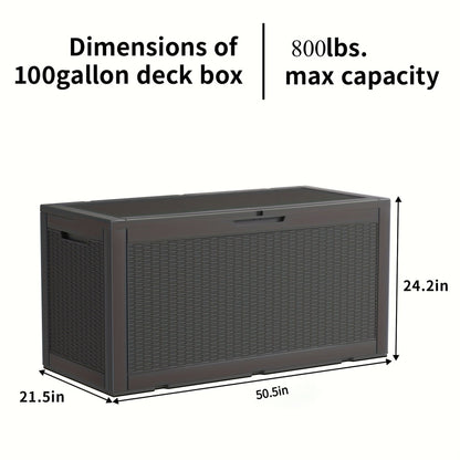 100-Gallon Rattan-Style Outdoor Deck Box with Lockable Lid, Lift Supports and Black Finish