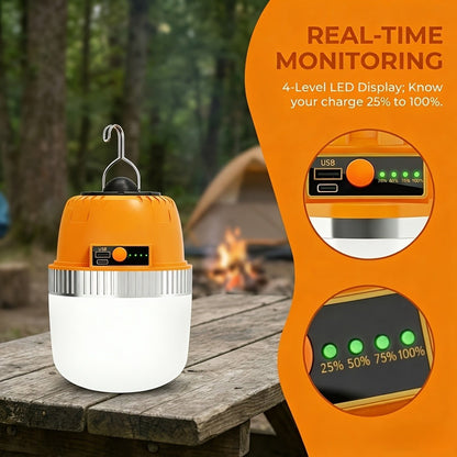 Orange Hanging Camping Lantern with Three Brightness Settings, Type-C Charging Port and Integrated Hook