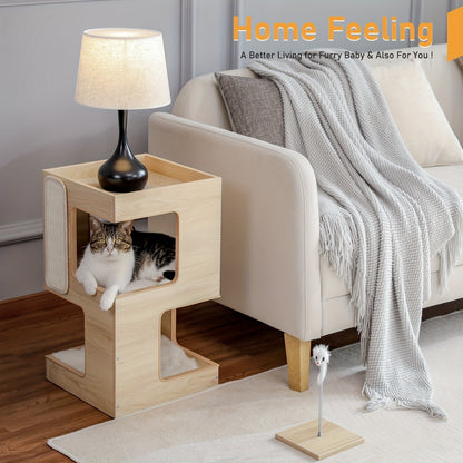 Cat Tree Small Modern 23.6" Wood Cat Tower Furniture with Scratching Pad Removable Soft Mats & Free Cat Toy for Indoor Kittens