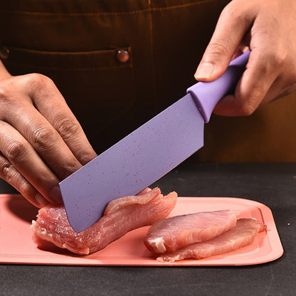 Seven-Piece Kitchen Knife Set with Four Pastel Knives, Kitchen Scissors, Peeler and Cutting Board