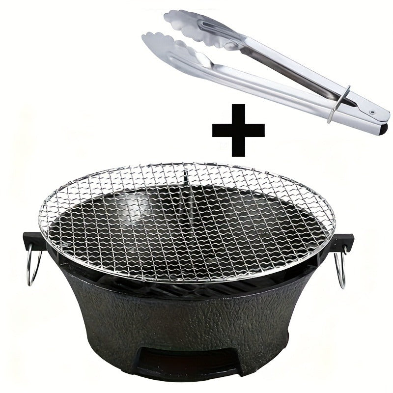 10.6-Inch Round Charcoal Grill Set with Cast-Iron Body, Cooking Grid, Wooden Base and Tongs