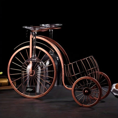 Bicycle-Shaped Tabletop Wine Rack with One Bottle Cradle and Two Stemware Holders in Copper-Tone Finish