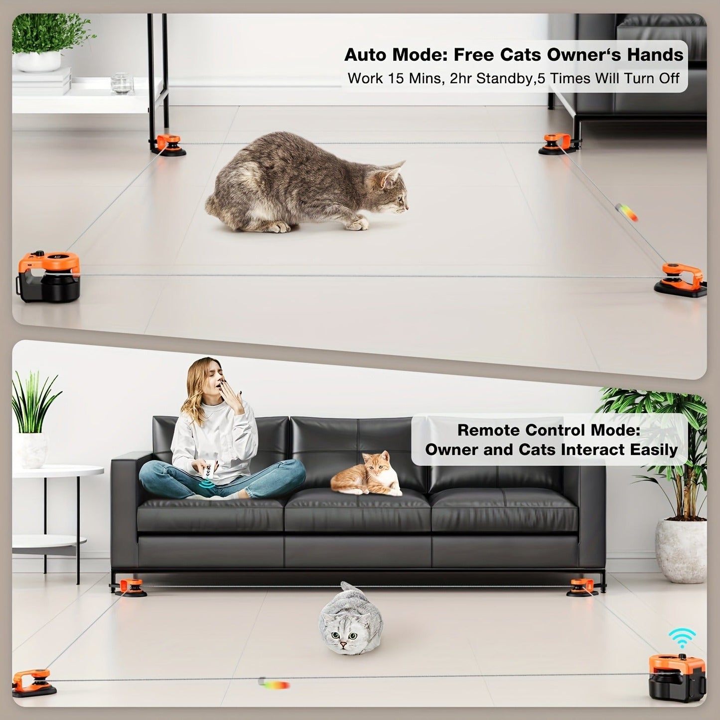 Cat Toy Remote-Control Lure Machine with Track Clips, Mouse Squeak, Feather Lures and Three Colors