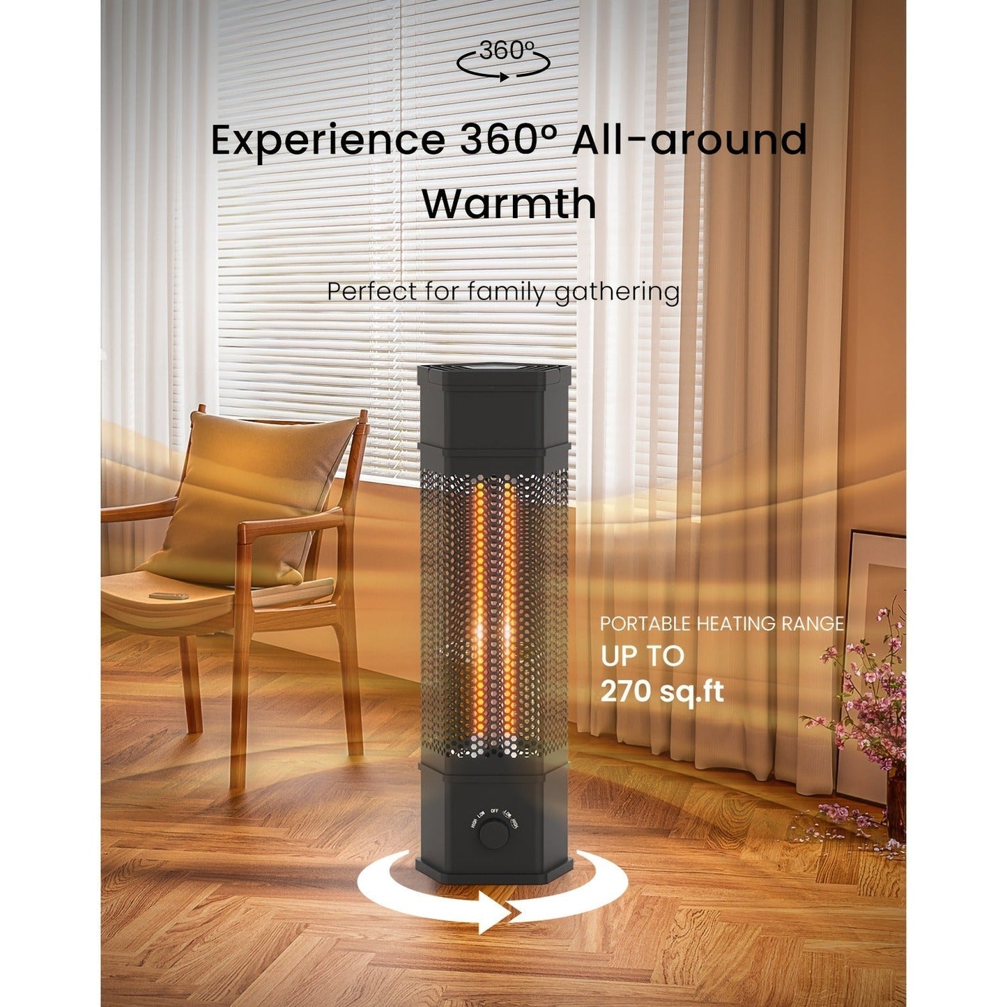 Electric Patio Heater 1400W 28", All-Around Radiant Heating with Tip-Over & Overheat Protection