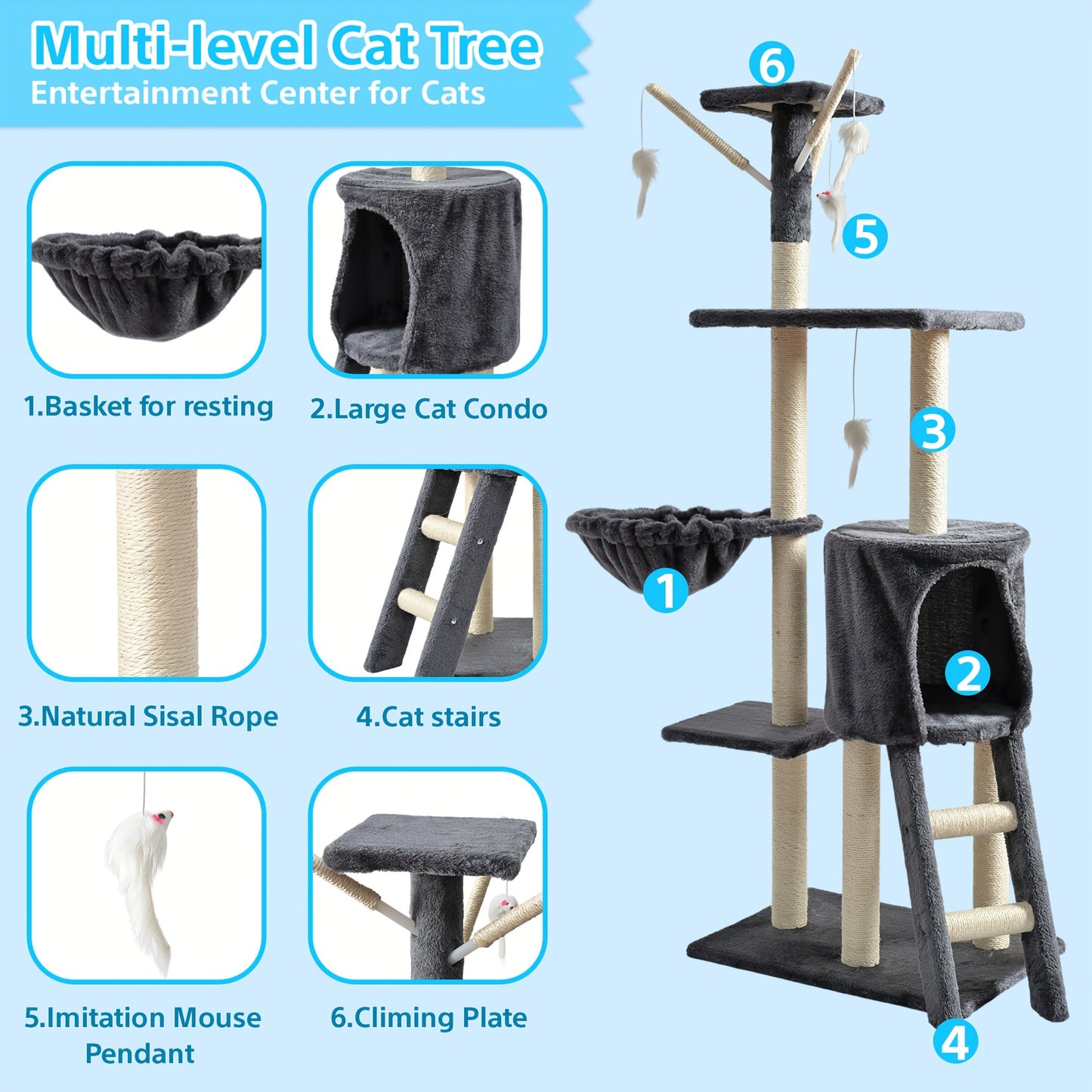 Cat Tree for Large Cats, Tower Multi-Level with Cat Bed, Condo & Sisal Scratching Post – 3 or 4 Tier Indoor Cat Tree for Large Cats