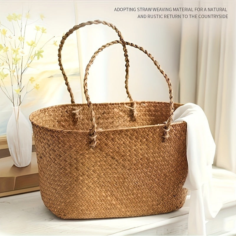 Large Woven Straw Picnic Tote Basket with Long Handles, Open Top Natural-Color Outdoor Carry Design