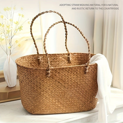 Large Woven Straw Picnic Tote Basket with Long Handles, Open Top Natural-Color Outdoor Carry Design