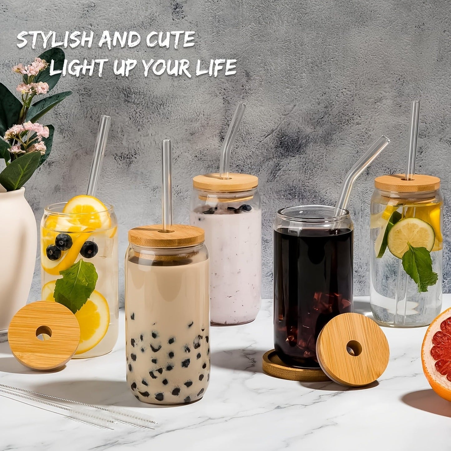 Drinking Glasses Set with Lid and Straw 550ml Oval Glass Cups 4 or 6 Piece, for Home Cooking, Dining and Outdoor Meals