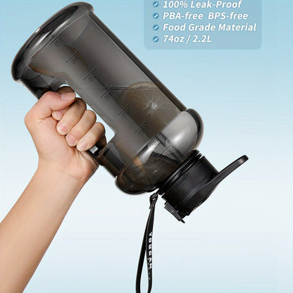 Half Gallon Water Bottle 74oz with Insulated Sleeve, Straw & Time Marker – BPA Free Leakproof Large Sports Jug with Carrying Handle & Strap