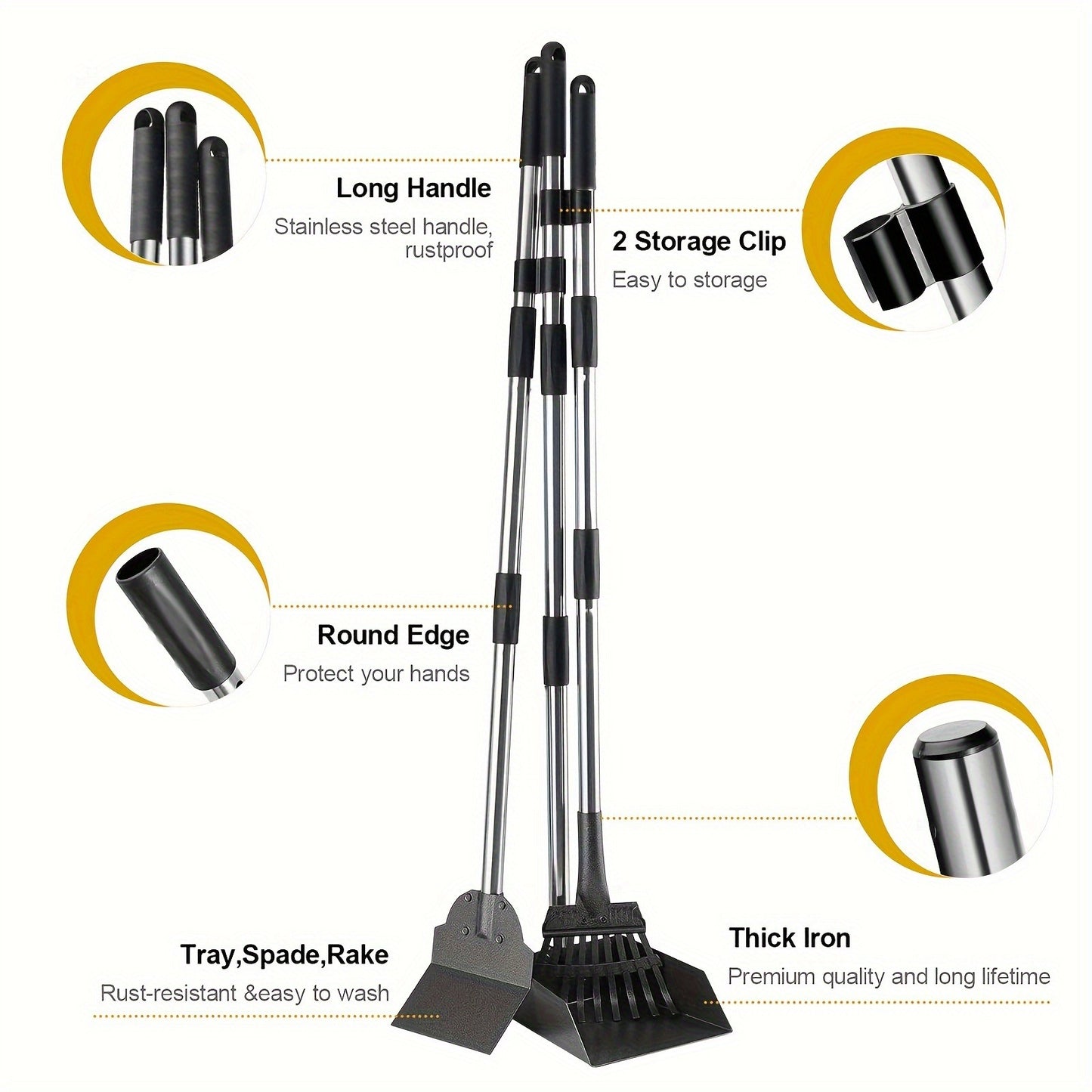 Dog Pooper Scooper Set – Stainless Steel Tray & Rake with Adjustable Long Handle, Rust-Proof Durable Pet Waste Removal Tool, Easy to Clean